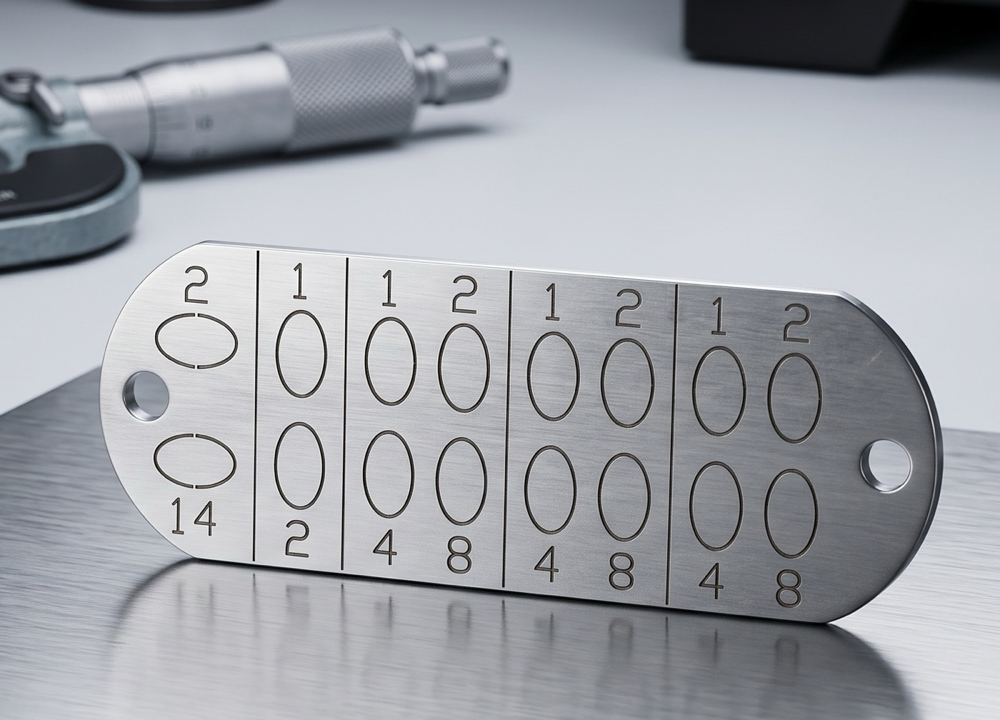 Placa INOXKEY em aço inox 316L apoiada em bancada de metrologia, com a matriz de codificação visível
