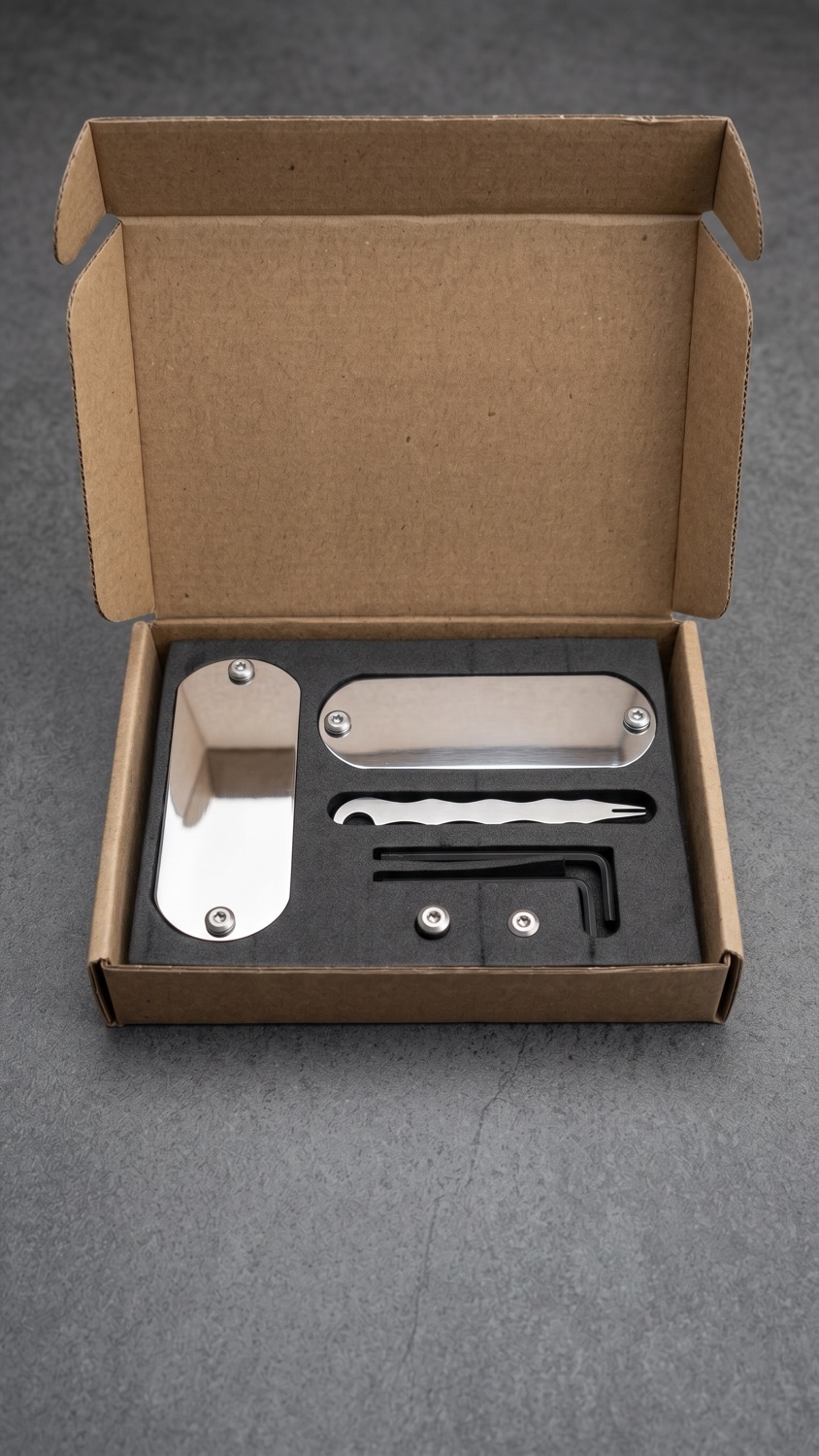 Kit INOXKEY completo no berço de espuma: dois módulos, ferramenta de precisão, chaves Allen e conjunto de fixação